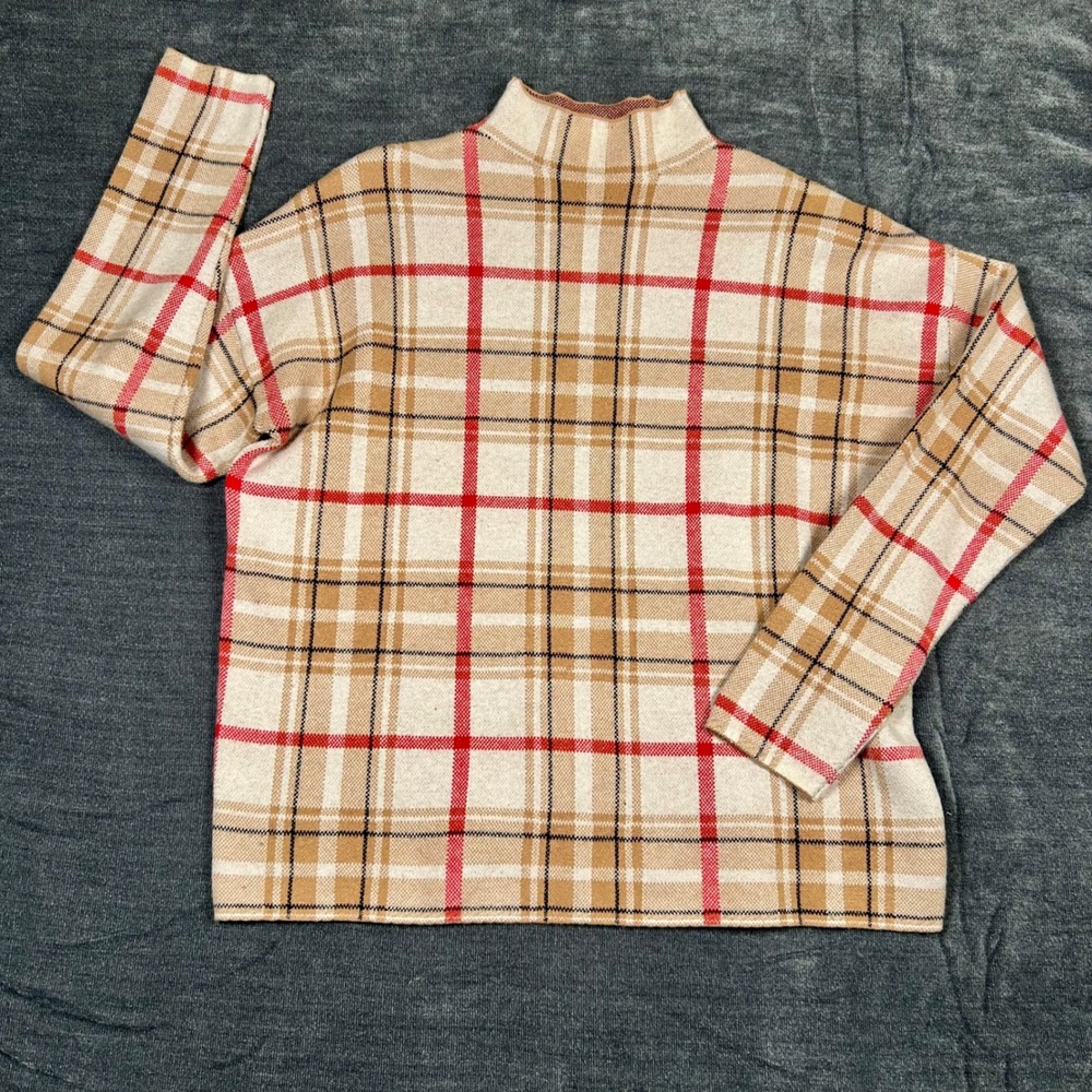 Tahari Sweater Womens XL Beige Plaid Mock Neck Rayon Blend Pullover Knit